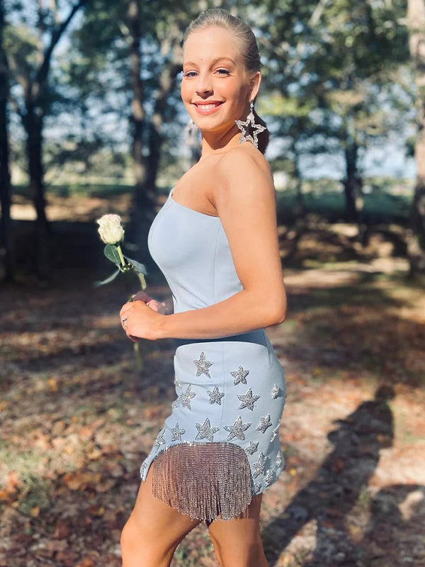 Sparkly Light Blue One Shoulder Stars Tight Short Homecoming Dress with Fringes