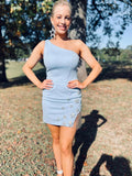 Sparkly Light Blue One Shoulder Stars Tight Short Homecoming Dress with Fringes