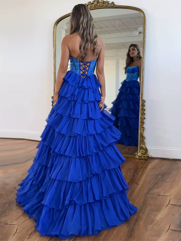 Sparkly Light Blue Strapless A-Line Long Tiered Prom Dress with Slit