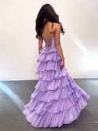 Sparkly Light Blue Strapless A-Line Long Tiered Prom Dress with Slit