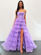 Sparkly Light Blue Strapless A-Line Long Tiered Prom Dress with Slit