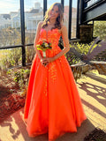 Sparkly Orange A-Line Corset Sweetheart Long Prom Dress with Appliques