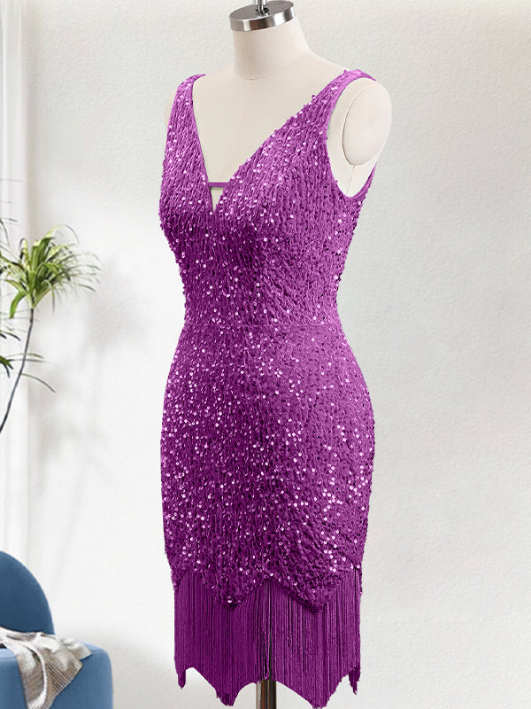 Sparkly Purple Bodycon V Neck Sequin Mini Dress with Tassel