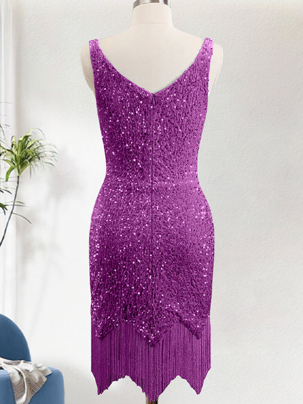 Sparkly Purple Bodycon V Neck Sequin Mini Dress with Tassel