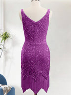 Sparkly Purple Bodycon V Neck Sequin Mini Dress with Tassel