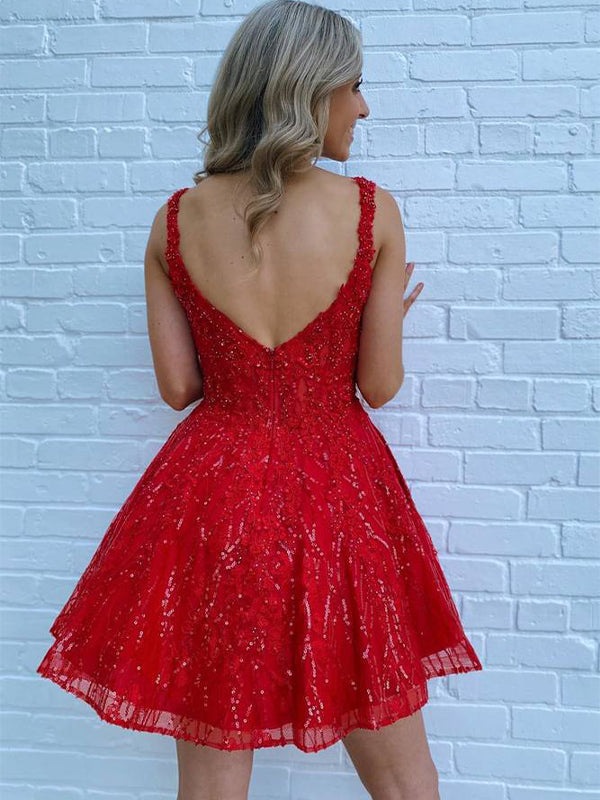 Sparkly Red Sequins A-Line Short Prom Dress with Pockets