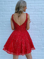 Sparkly Red Sequins A-Line Short Prom Dress with Pockets
