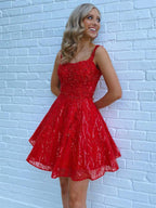 Sparkly Red Sequins A-Line Short Prom Dress with Pockets