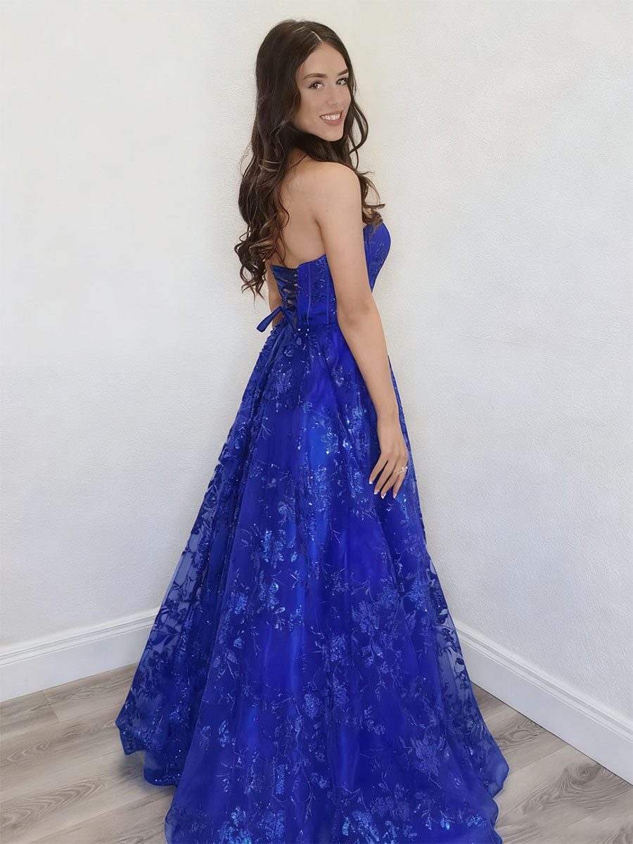 Sparkly Strapless Floral Long Prom Dress with Lace-Up Back