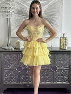 Sparkly Yellow A Line Tiered Short Beaded Homecoming Dress with Ruffles