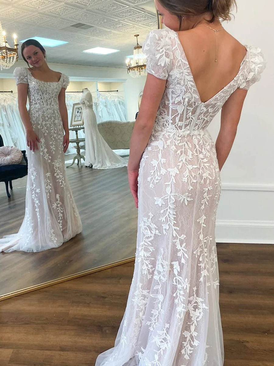 Square Neck Puff Sleeves Appliques Tulle Long Prom Dress