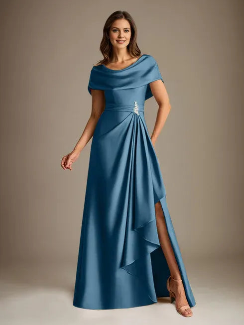 A-Linien-Kleid mit Rundhalsausschnitt, bodenlang, aus Stretch-Satin, Brautmutterkleid mit fallenden Rüschen