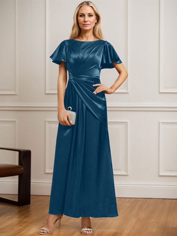 A-Linien Rundhals Knöchellanges Stretch Satin Mutter der Braut Kleid mit Plissierten Perlen