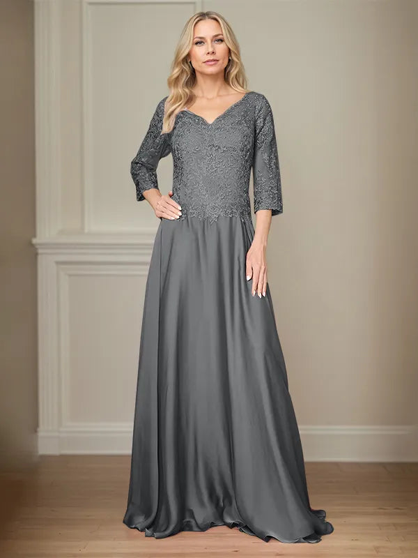 A Line Chiffon V Neck 3/4 Sleeves Floor-Length Mother Of The Bride Dress With Appliques