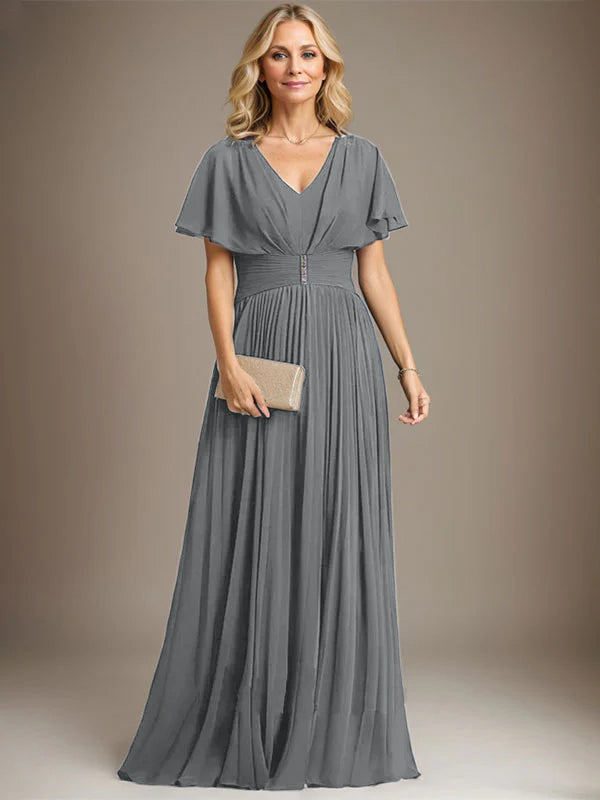 A-Linien V-Ausschnitt Bodenlanges Chiffon Brautmutterkleid mit Kristallbrosche und Plisseefalten