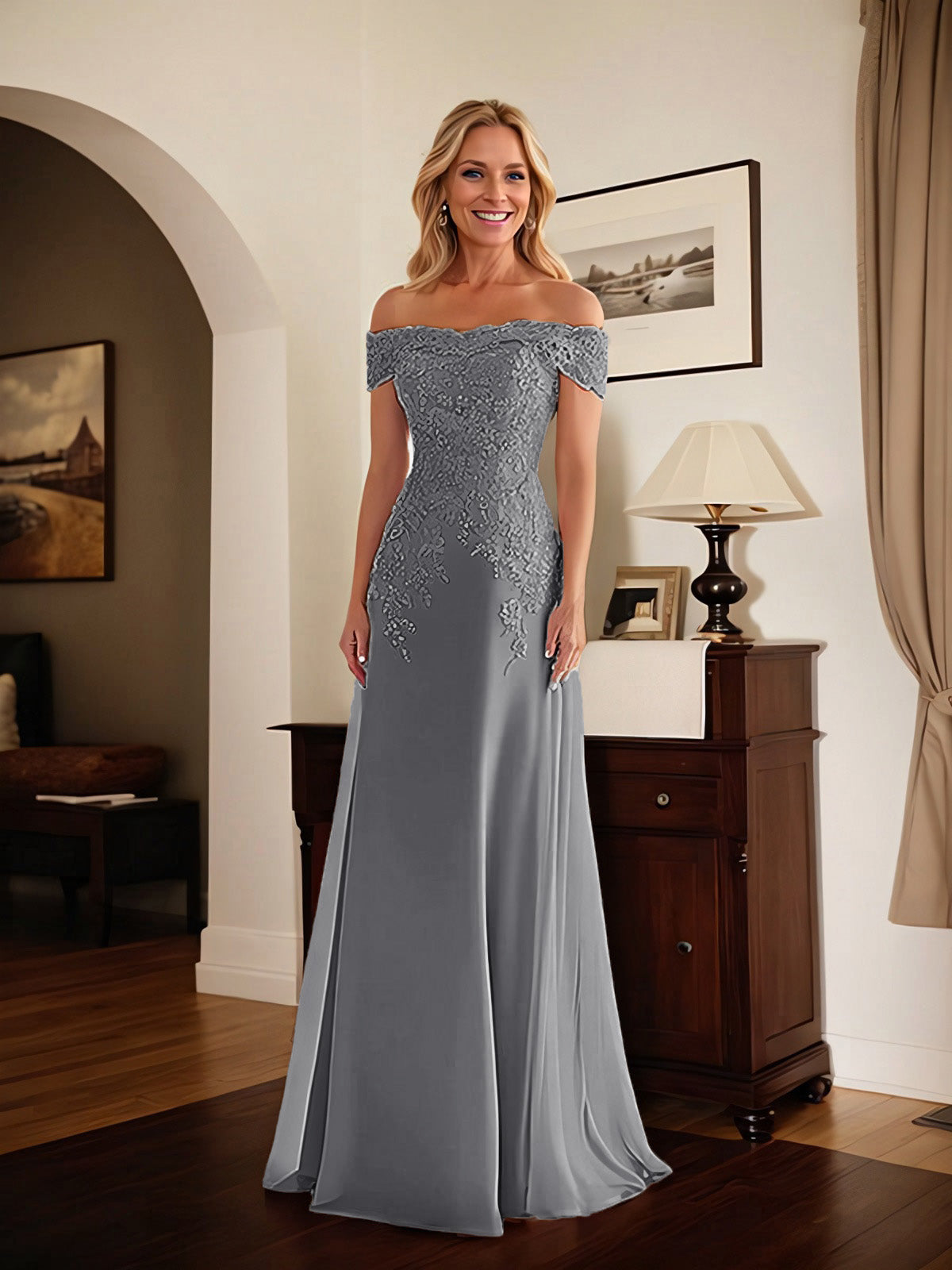 Elegantes taupefarbenes schulterfreies Etuikleid Mutter der Braut Kleid mit Spitze