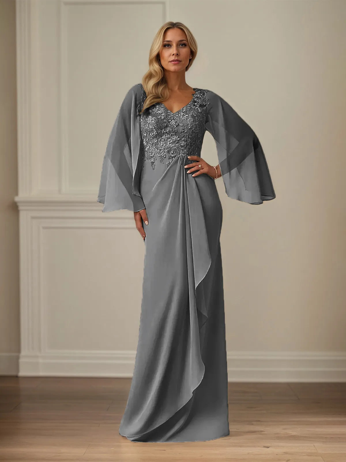Etui/Kolumnen Chiffon V-Ausschnitt Langarm Bodenlanges Brautmutterkleid mit Applikationen