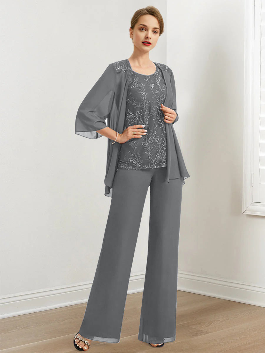 Chiffon Hosenanzüge für die Brautmutter mit Pailletten und Jacke
