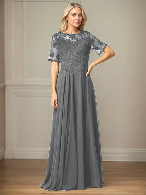 A Line Chiffon Scoop Neck Short Sleeves Floor Length Mother of the Bride Dresses