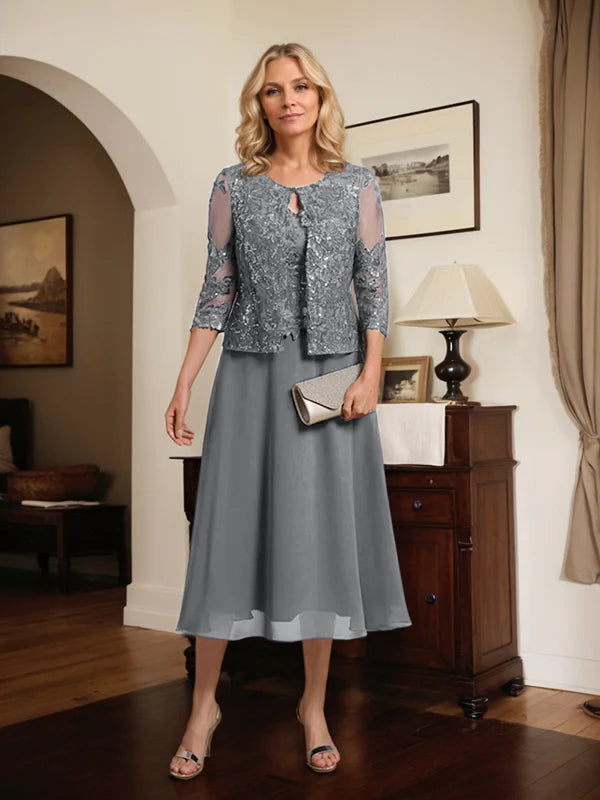 A-Linien Spitzen-Chiffon-Brautmutterkleid mit V-Ausschnitt, tea-length, mit Pailletten