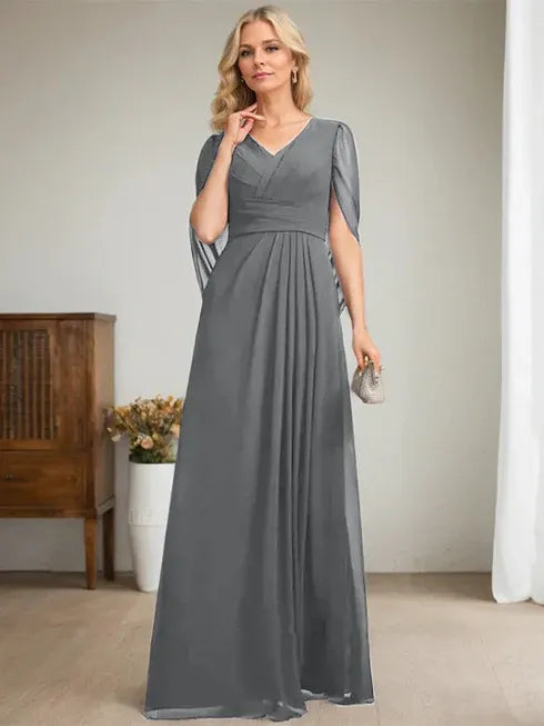 Dunkelmarineblaues A-Linien V-Ausschnitt langes Kleid für die Mutter der Braut