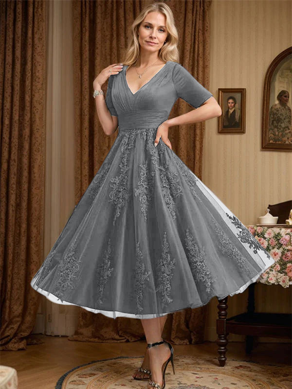 A-line V-Neck Tea-Length Tulle Lace Mother of the Bride Dress With Pleated