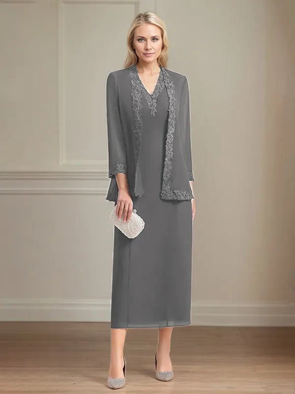 Etui/Column Chiffon V-Ausschnitt 3/4 Ärmel Tea-Length Kleid für die Mutter der Braut