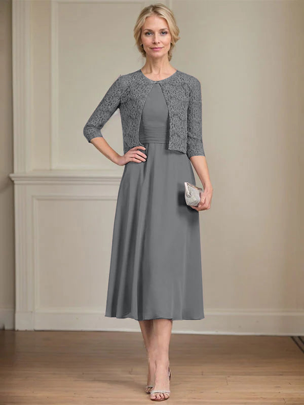 A-Linien Rundhals Tee-Länge Chiffon Kleid für die Mutter der Braut mit Falten