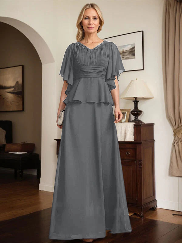 A-Linien Chiffon-Mutter-der-Braut-Kleid mit V-Ausschnitt, bodenlang, plissierte Perlenverzierung