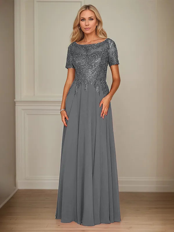 A Line Chiffon Boat Neck Short Sleeves Floor Length Mother of the Bride Dresses