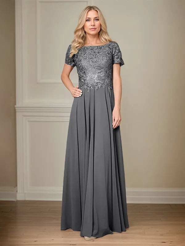 A Line Chiffon Boat Neck Short Sleeves Floor Length Pleated Mother of the Bride Dresses