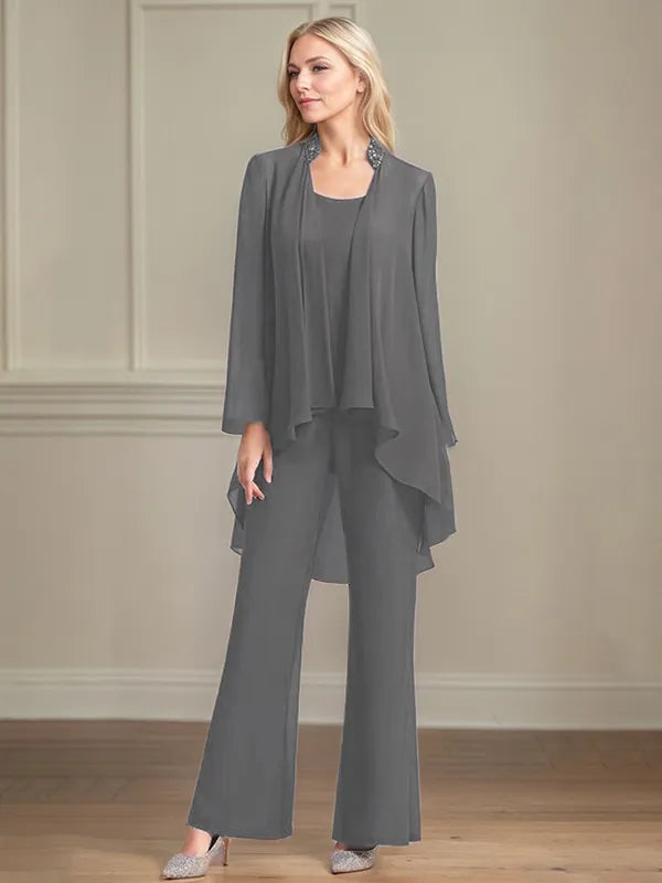 Chiffon Kleid mit Rundhalsausschnitt, langen Ärmeln, bodenlang, Hosenanzug für die Brautmutter