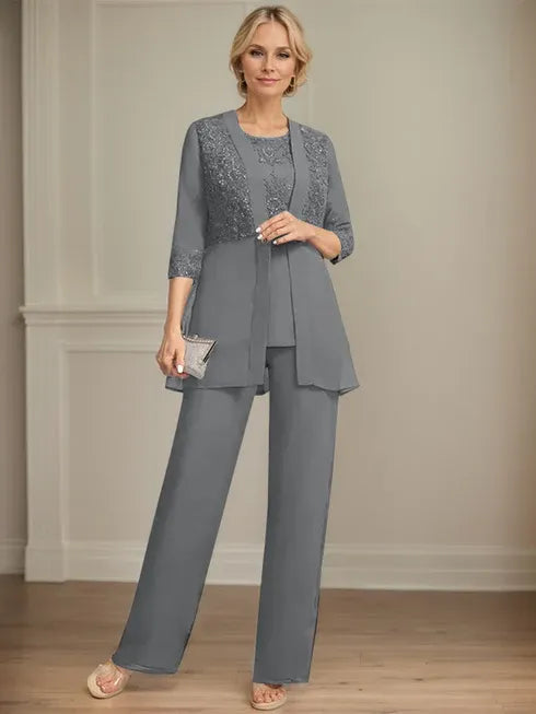 Combinaison/pantalon séparé en mousseline et dentelle, longueur au sol, col rond, robe mère de la mariée avec sequins