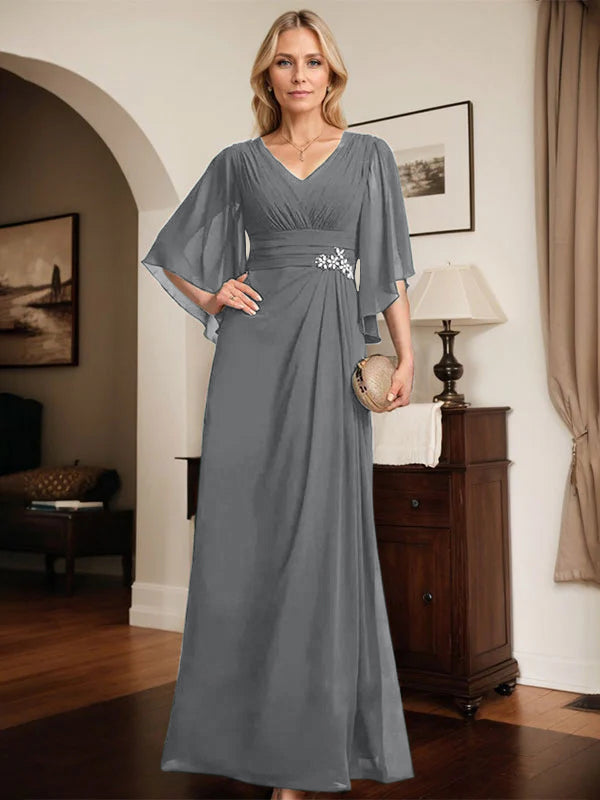 Etuikleid/Säule V-Ausschnitt bodenlanges Chiffon Mutter-der-Braut-Kleid mit plissierten Pailletten und Perlen