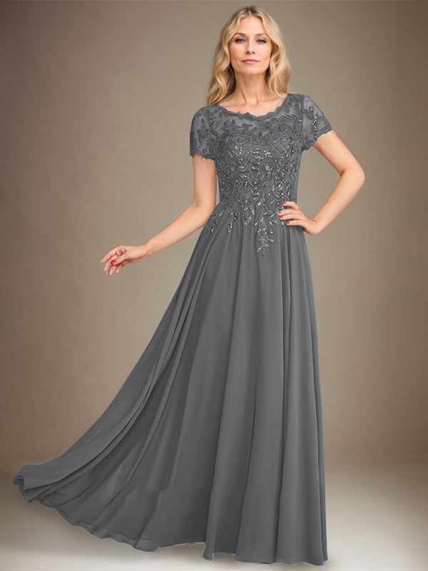 A-Line Scoop Floor-Length Chiffon Mother of the Bride Dress With Applique & Sequins