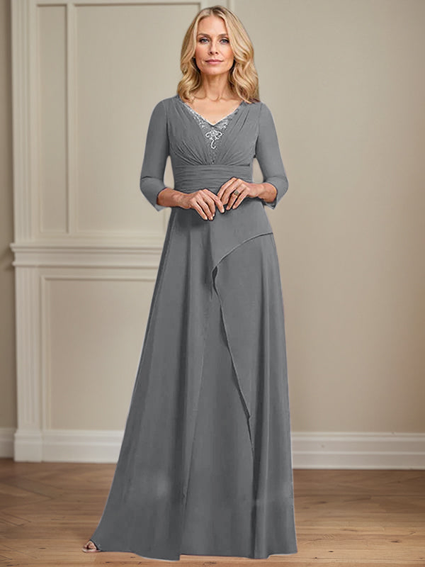 A-Linien Chiffon-Mutter-der-Braut-Kleid mit V-Ausschnitt, bodenlang, plissierte Perlenverzierung