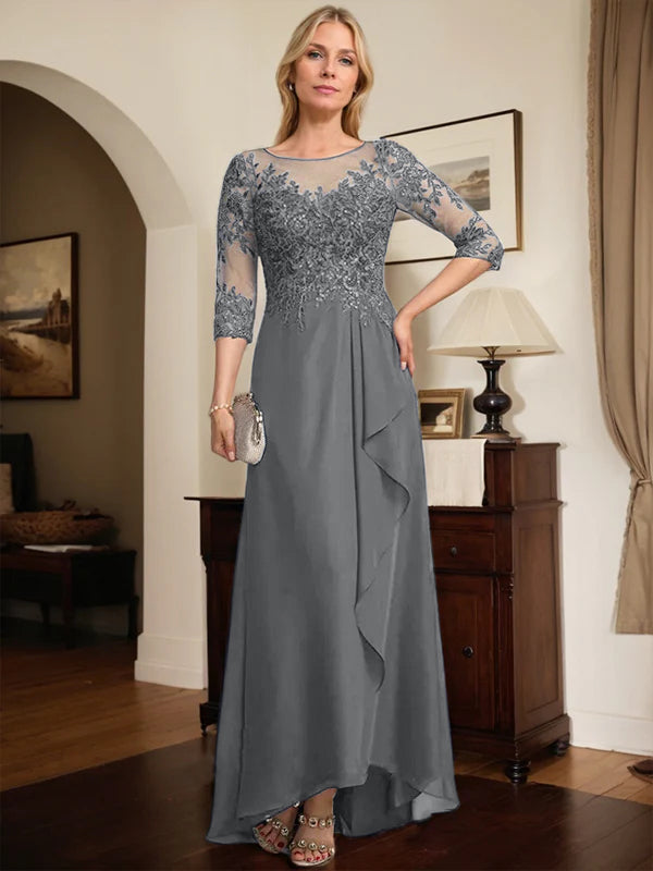 A-Linien Rundhals Illusions-Asymmetrische Spitze Chiffon Brautmutterkleid mit Pailletten und fallenden Rüschen