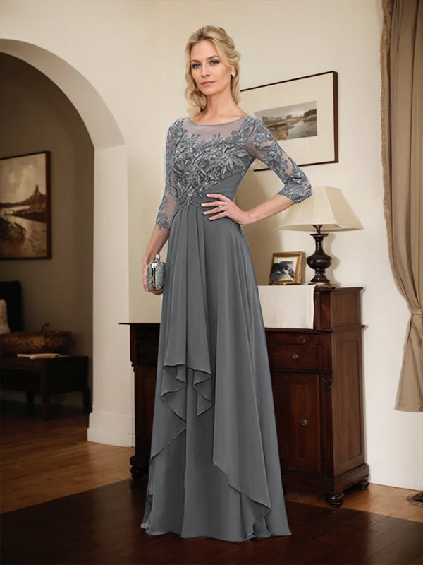 Robe mère de la mariée en ligne A avec col rond illusion, dentelle et chiffon longueur sol avec volants en cascade