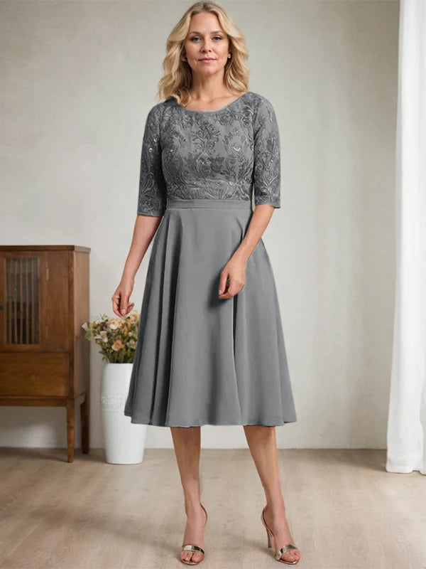 A-Linien Rundhalsausschnitt knielanges Spitzen-Chiffon Kleid für die Mutter der Braut