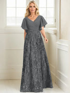 Vestido de madre de la novia en línea A con escote en V, largo hasta el suelo, encaje, lentejuelas y gasa plisada
