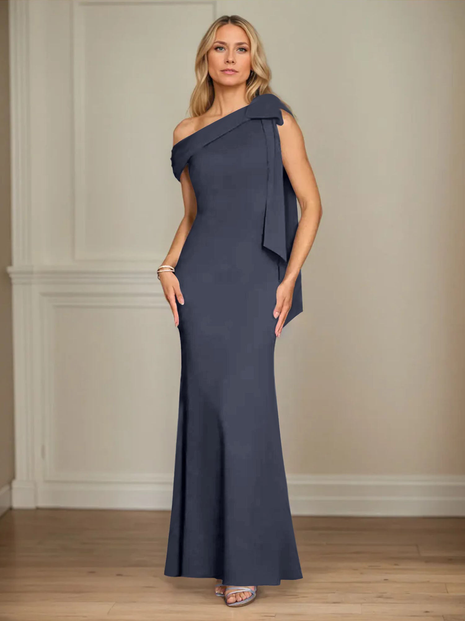 Trumpet/Mermaid Ein-Schulter Ärmelloses Stretch-Crêpe Kleid für die Brautmutter mit Schleife