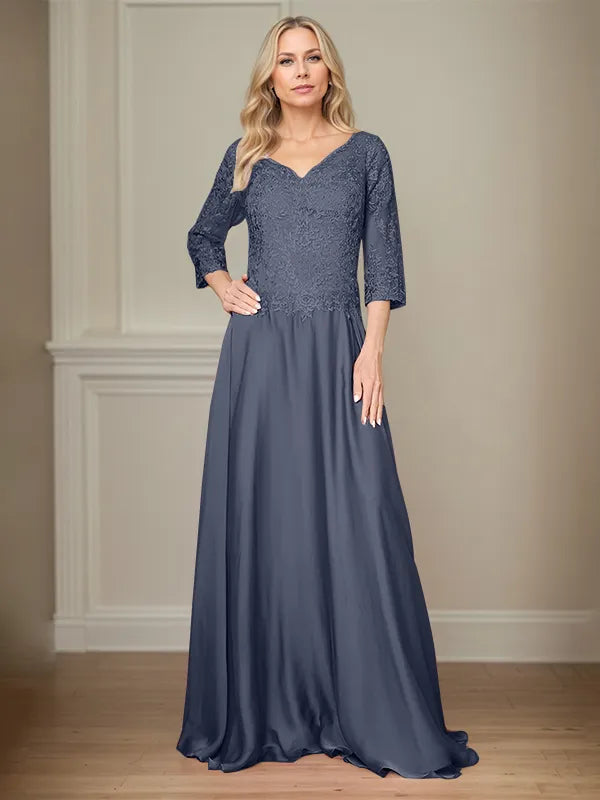 A Line Chiffon V Neck 3/4 Sleeves Floor-Length Mother Of The Bride Dress With Appliques