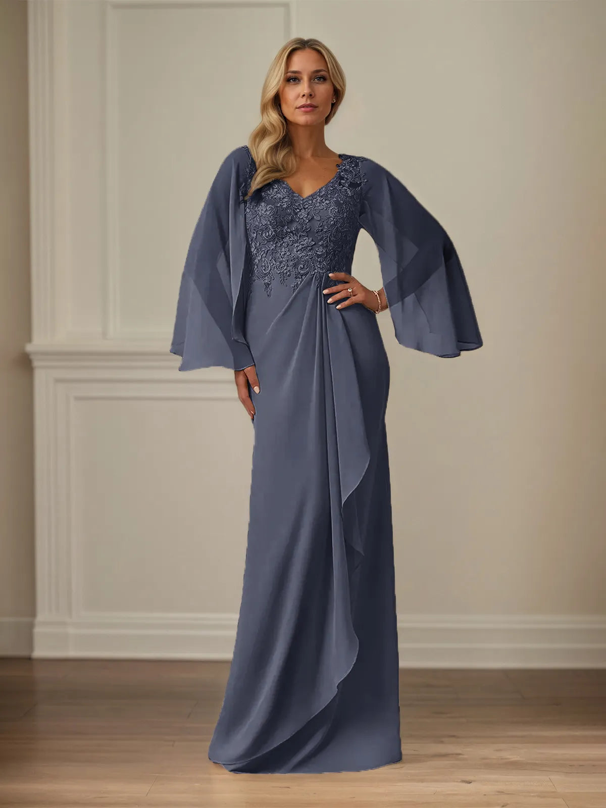 Etui/Kolumnen Chiffon V-Ausschnitt Langarm Bodenlanges Brautmutterkleid mit Applikationen