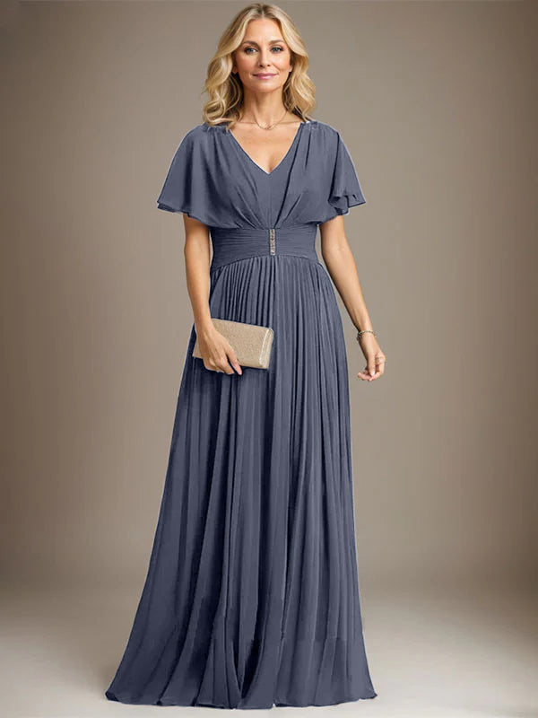 A-Linien V-Ausschnitt Bodenlanges Chiffon Brautmutterkleid mit Kristallbrosche und Plisseefalten