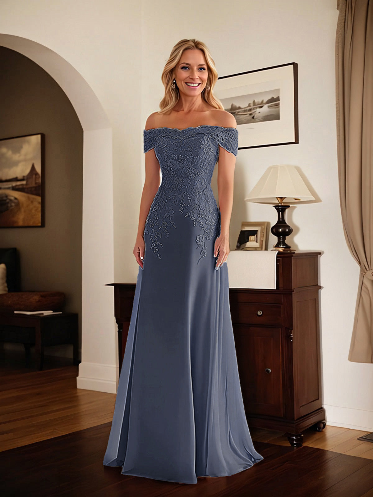 Elegantes taupefarbenes schulterfreies Etuikleid Mutter der Braut Kleid mit Spitze