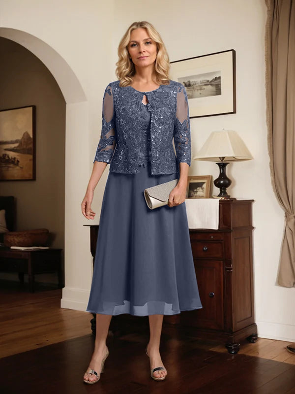 A-Linien Spitzen-Chiffon-Brautmutterkleid mit V-Ausschnitt, tea-length, mit Pailletten