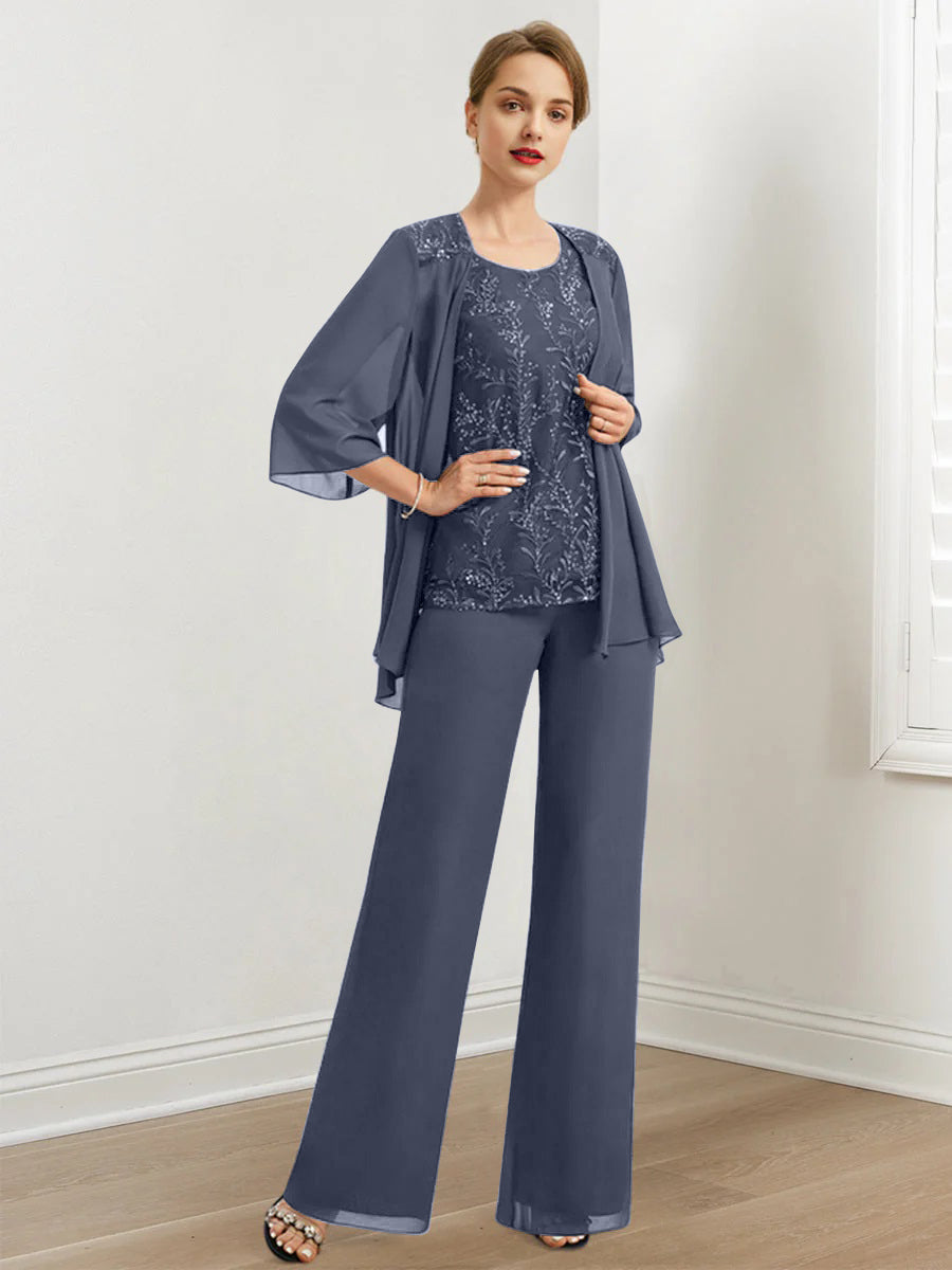 Chiffon Hosenanzüge für die Brautmutter mit Pailletten und Jacke