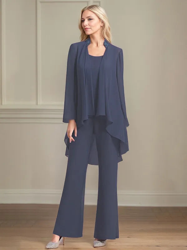 Chiffon Kleid mit Rundhalsausschnitt, langen Ärmeln, bodenlang, Hosenanzug für die Brautmutter