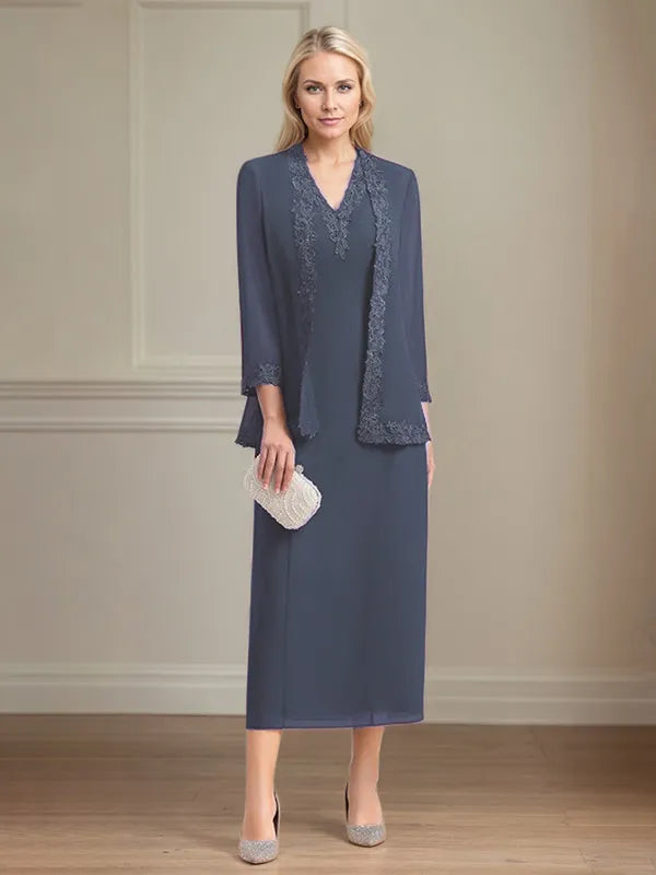 Etui/Column Chiffon V-Ausschnitt 3/4 Ärmel Tea-Length Kleid für die Mutter der Braut