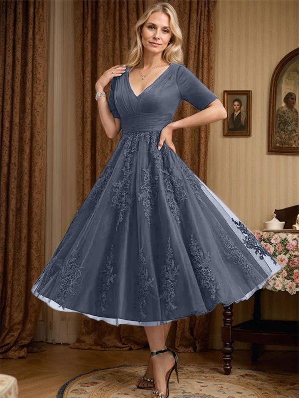 A-line V-Neck Tea-Length Tulle Lace Mother of the Bride Dress With Pleated